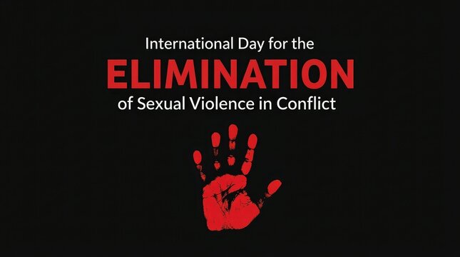 Dark horizontal banner for the international day for the elimination of sexual violence in conflict with red handprint