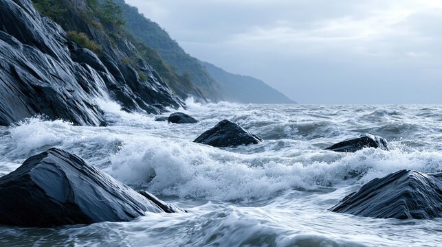 Crashing waves on rocky shore with dramatic cloudy sky over the ocean and distant mountains.