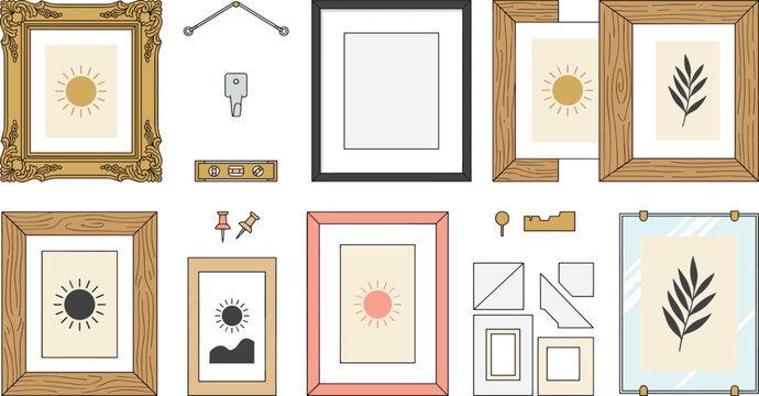 Picture Frame and Wall Art Gallery Vector Icon Set with Wooden Borders, Ornate Gold Frame, Glass Panels, Spirit Level, Hanging Tools, and Canvas Artwork Illustrations