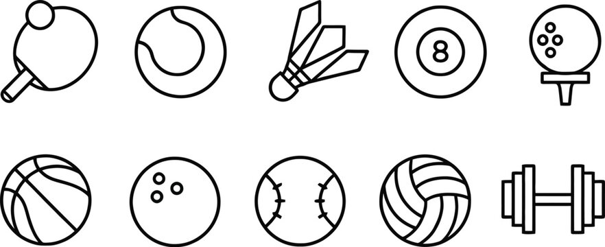Sports Equipment Icon Set Vector Collection, Line Art Sports Symbols Bundle