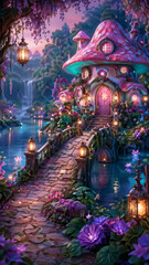 Fototapeta premium Enchanting mushroom house with whimsical bridge and magical lanterns