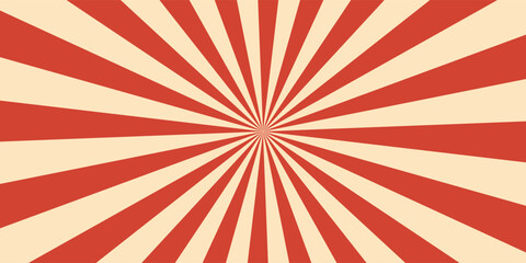 Retro red background with vintage circus sunburst. Psychedelic colorful swirl poster, abstract pattern in 70s carnival style. Hypnotic sunburst vector illustration. © Hayyina