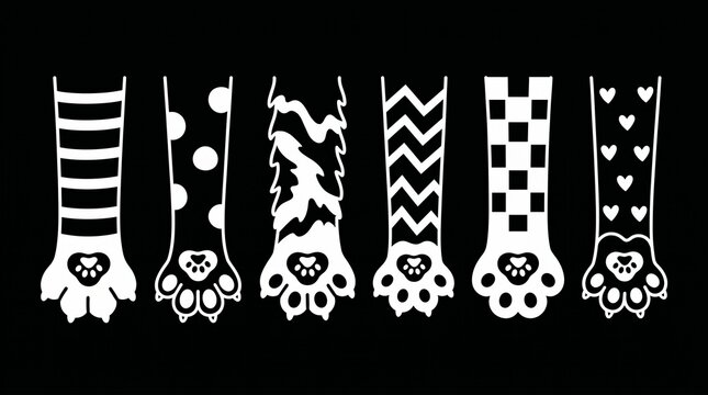 Set of cute cat paws with different patterns on black background