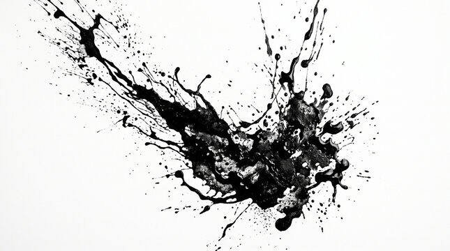 Black liquid splashing and exploding in mid-air, creating dynamic ink-like splatters on a white background with droplets flying in all directions.