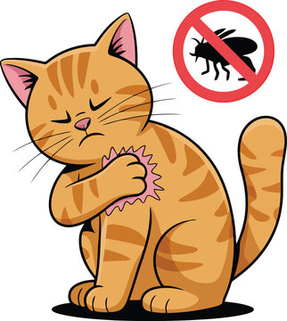 Itchy ginger cat with flea infestation vector illustration