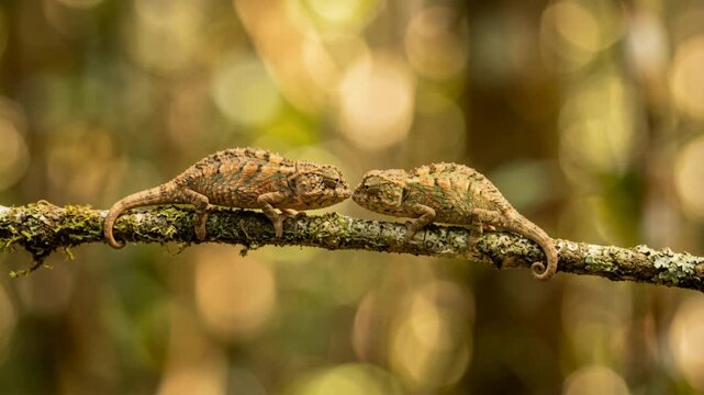 Two Brookesia Micra at a branches tree close up view golden light