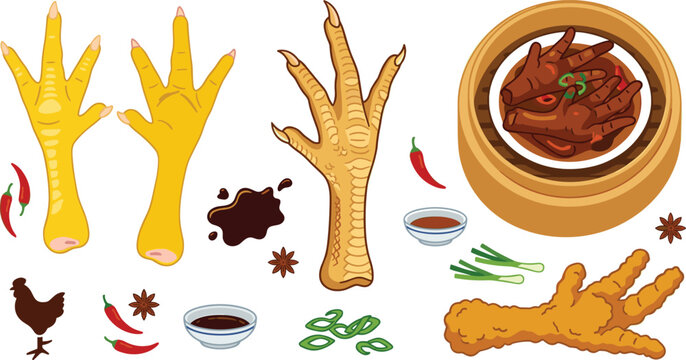 Chinese Dim Sum Chicken Feet Vector Icon Set with Steamed Bamboo Basket, Fried Appetizer, Chili Peppers, and Soy Sauce Illustrations
