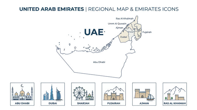 United Arab Emirates Map with Emirates Icons - Dubai, Abu Dhabi, Sharjah