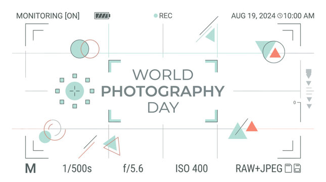 Creative infographic celebrating world photography day with camera settings and visual elements for social media promotion