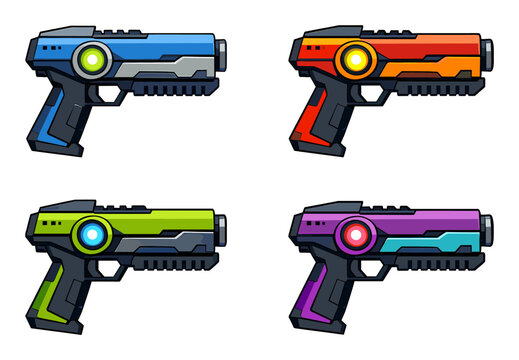 Collection of futuristic laser blasters in different colors, creating a vibrant set of sci-fi weapons for gaming