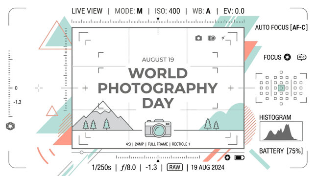 Creative camera interface design celebrating world photography day with mountain landscape preview