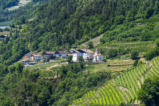 Algund, Dorf Tirol, St. Peter, Kirche, Weinberge, Obstb&auml;ume, Apfelb&auml;ume, Waalweg, Wanderweg, Spazierweg, Aussicht, Fr&uuml;hling, Sommer, S&uuml;dtirol, Italien