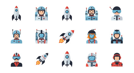 Fototapeta premium Space Exploration Astronaut and Rocket Icon Set