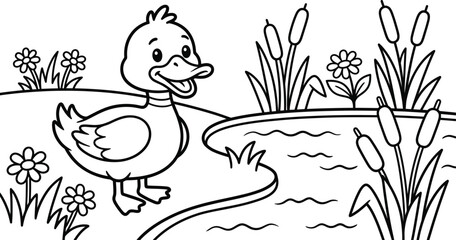 Naklejka premium Cartoon duck standing by a serene pond with flowers and cattails