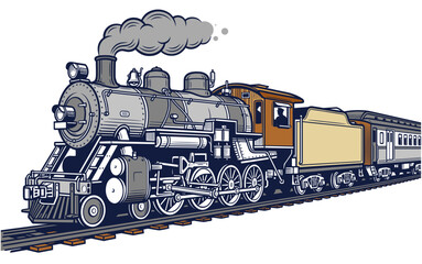 Hand drawn vintage steam locomotive with passenger cars and mechanical details, railway vector illustration © Otpirus