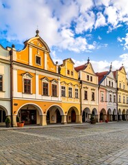 Obraz premium A vibrant, historic European town square with colorful buildings and cobblestone streets under a bright blue sky