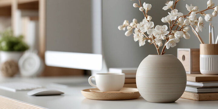 Modern workspace featuring a round vase with white flowers, a cup on a wooden plate, books, and a computer monitor in a stylish interior setting