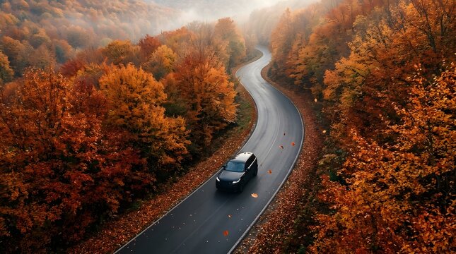 Dark car driving on a winding road through a vibrant autumn forest with orange foliage and morning mist in the mountains