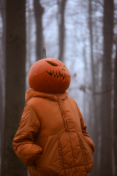 Close up portrait of a mysterious figure with a jack o lantern head wearing an orange jacket. Creative Halloween costume in a foggy woodland setting with cinematic mood