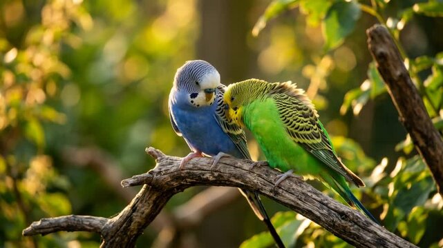 two budgerigar parrots close up golden light australia video