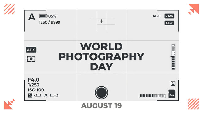 Minimalist photography day poster showcasing camera settings and august 19 date for creative event promotion