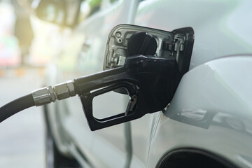 Business fuel dispensers at highway petrol stations : Black handle nozzle dispenses diesel fuel into pickup truck's fuel tank using digital fuel dispenser while filling up for the journey. © ฺฺฺBoonterm