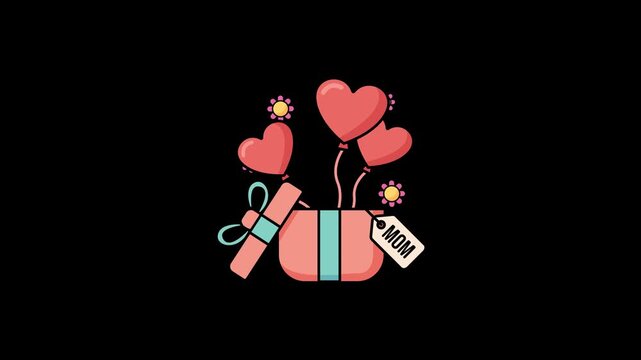 A gift box with a green ribbon and heart-shaped balloons floats in the air with a wrapped present.