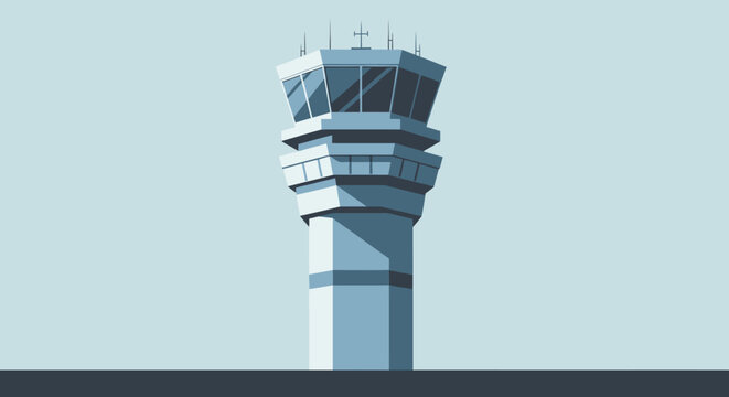 A flat vector illustration of an airport air traffic control tower against a plain background.
