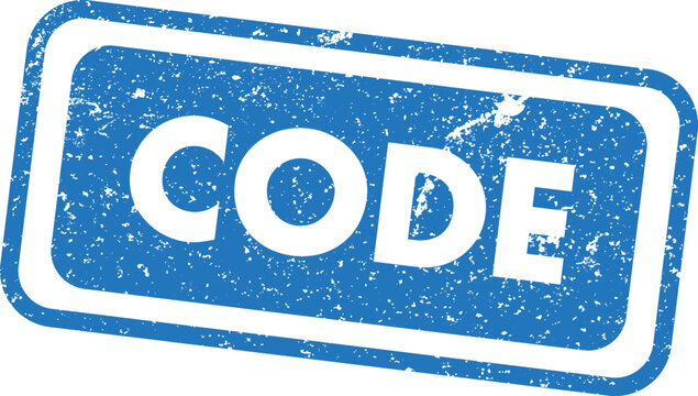 Distressed rectangular stamp with the word 'code' in bold white letters on blue background