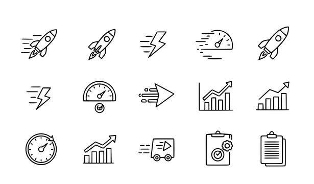Modern speed acceleration icon collection vector outline symbols on white background