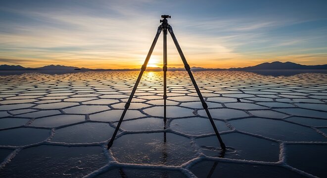 Tripod standing on hexagonal salt flat surface at sunset with mountains in distance