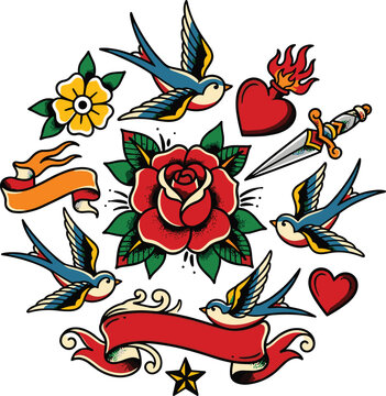 Old School Traditional Tattoo Flash Vector Composition Arranged in Circular Shape Featuring Swallows Red Rose Dagger Flaming Heart and Ribbons for Vintage Designs