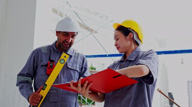 Construction worker building hard hat clipboard level teamwork site scaffolding safety gear planning renovation inspection inside bright unfinished building uniform engineer tool man woman focused