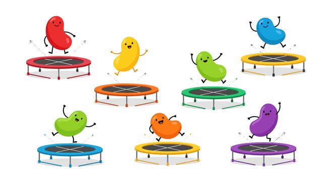 Cute Jelly Bean Characters Jumping on Trampolines Clipart Set