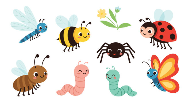 Set of adorable cartoon insects including a butterfly, bee, ladybug, spider, and worm with friendly smiling faces.