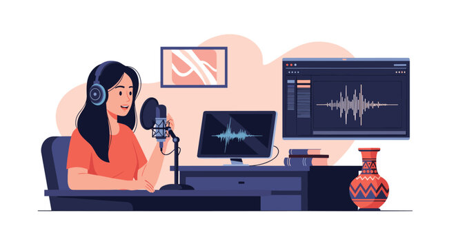 Creative woman recording a podcast or radio show in a professional home studio with a microphone and computer monitors.