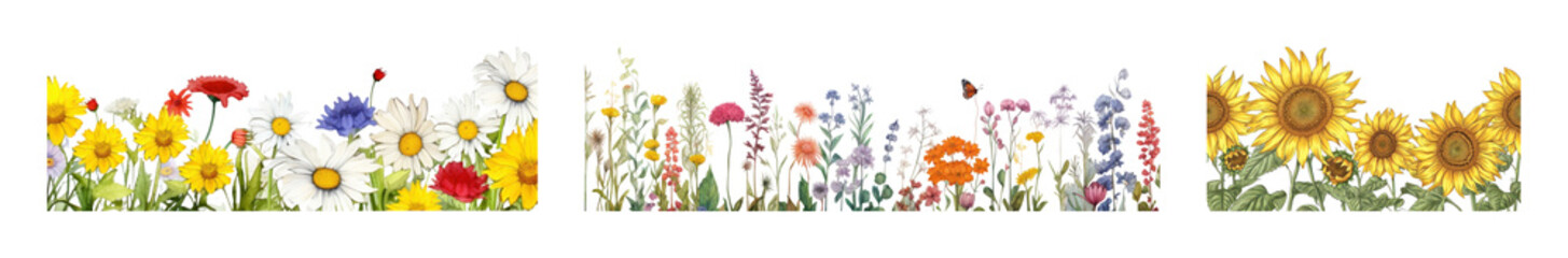 Obraz premium PNG Vibrant wildflowers border illustration on transparent background