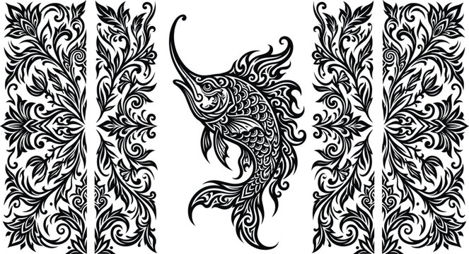 WebBlack and white marlin fish vector illustration featuring intricate tribal filigree borders and traditional floral batik patterns for decorative design