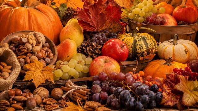 Abundant Autumn Harvest Still Life with Pumpkins Grapes Apples Nuts and Fall Leaves