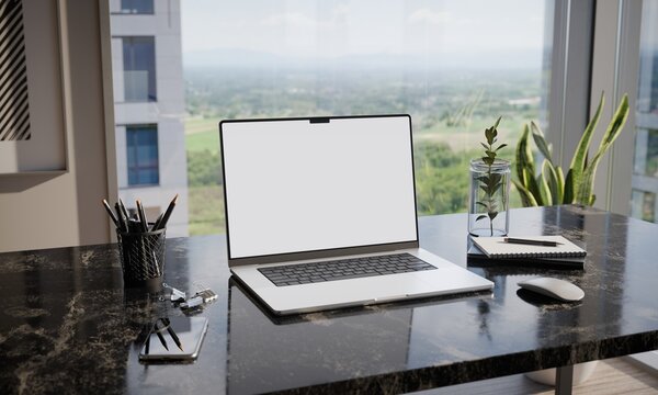 Laptop with Blank Screen on Modern Office Desk - Mockup City View