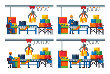 Naklejka premium Manufacturing process showing a crane robot arm assisting workers on a conveyor belt packaging products in a factory