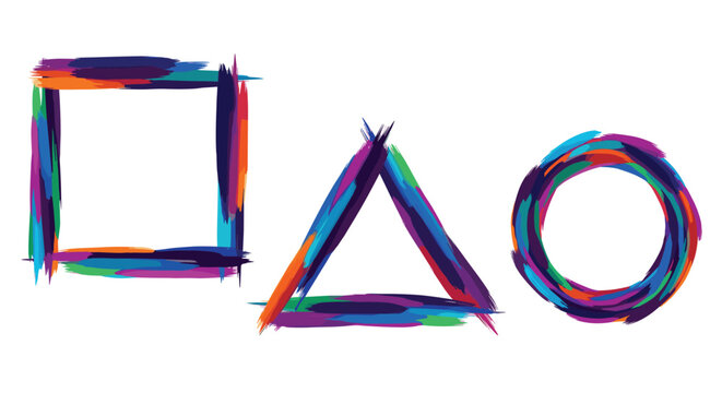 Set of square, triangle, and circle geometric shapes created with vibrant multi-colored brush strokes for design projects.
