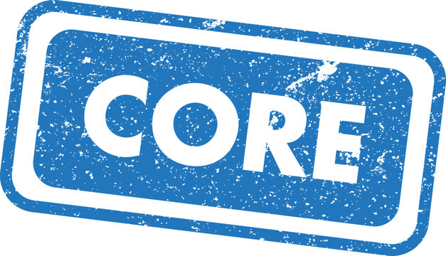 Distressed blue rectangle stamp with 'core' text isolated on white background