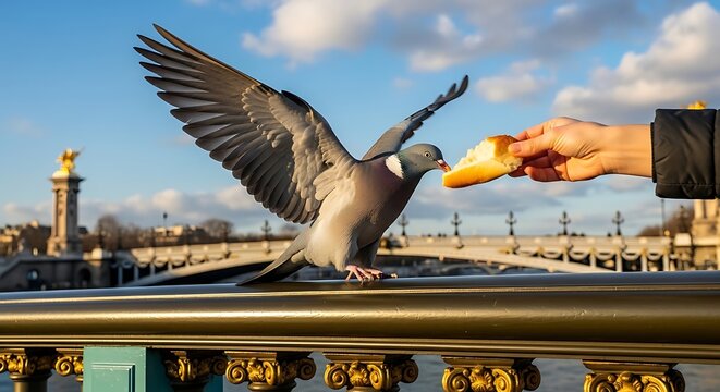 Pigeon feeding on bread crumbs with parisian bridge in background