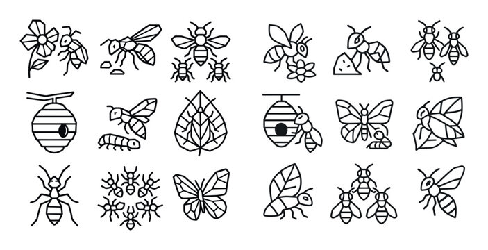 Bee icons with hive honeycomb butterfly outline