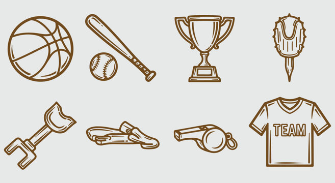 Mixed sports equipment collection featuring basketball baseball bat trophy glove dumbbell cleats and team jersey hand drawn vector illustration art design set for game match athlete competition fitnes