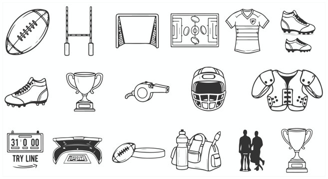 American football gear collection featuring ball goal post jersey helmet pads trophy field and whistle hand drawn vector illustration art design set for game match player athlete competition

