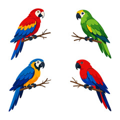 Fototapeta premium Cartoon-style set depicting four different species of colorful parrots and macaws perching on tree branches