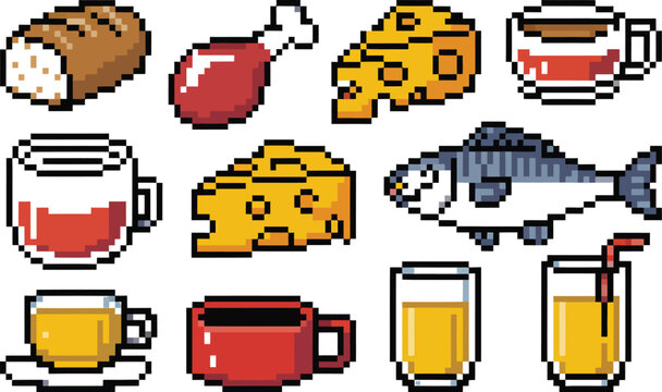 Pixel art food and drink icon set collection