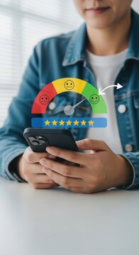 Mobile phone displaying high credit score and customer service review with five star satisfaction, customer